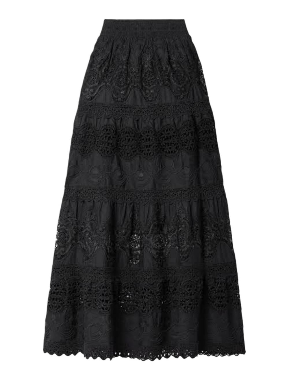 Alice + Olivia Cali Embroidered Tiered Guipure Lace Black Maxi Skirt NWT